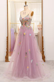 Mauve A Line Tulle Beaded Appliques Long Prom Dress With Embroidery