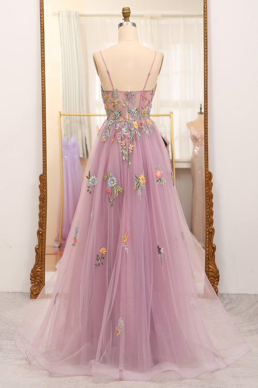 Mauve A Line Tulle Beaded Appliques Long Prom Dress With Embroidery