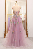 Mauve A Line Tulle Beaded Appliques Long Prom Dress With Embroidery