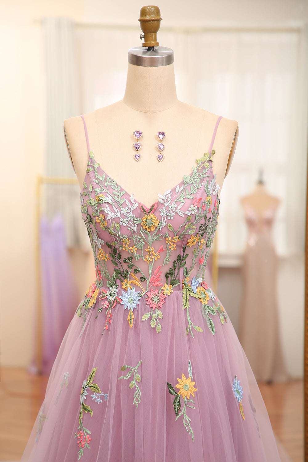 Mauve A Line Tulle Beaded Appliques Long Prom Dress With Embroidery