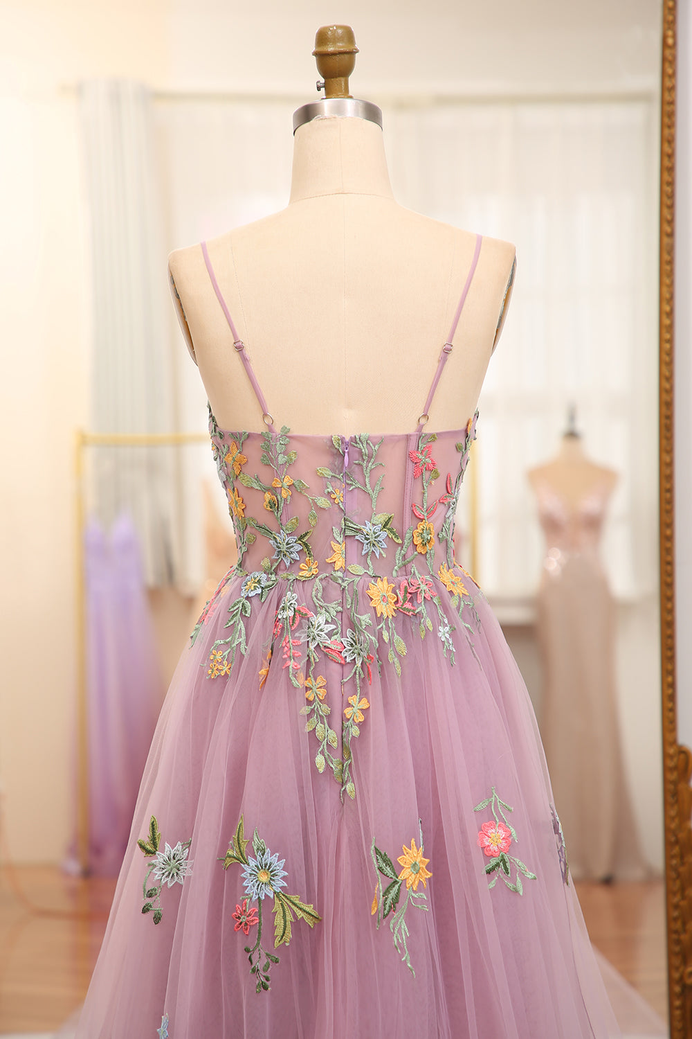 Mauve A Line Tulle Beaded Appliques Long Prom Dress With Embroidery