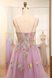 Mauve A Line Tulle Beaded Appliques Long Prom Dress With Embroidery