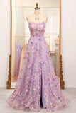 Mauve A Line Spaghetti Straps Front Slit Tulle Applique Long Prom Dress With Embroidery