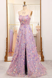 Mauve A Line Spaghetti Straps Front Slit Tulle Applique Long Prom Dress With Embroidery