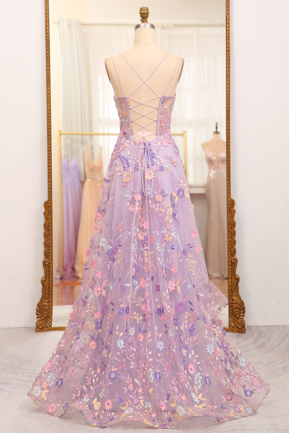 Mauve A Line Spaghetti Straps Front Slit Tulle Applique Long Prom Dress With Embroidery