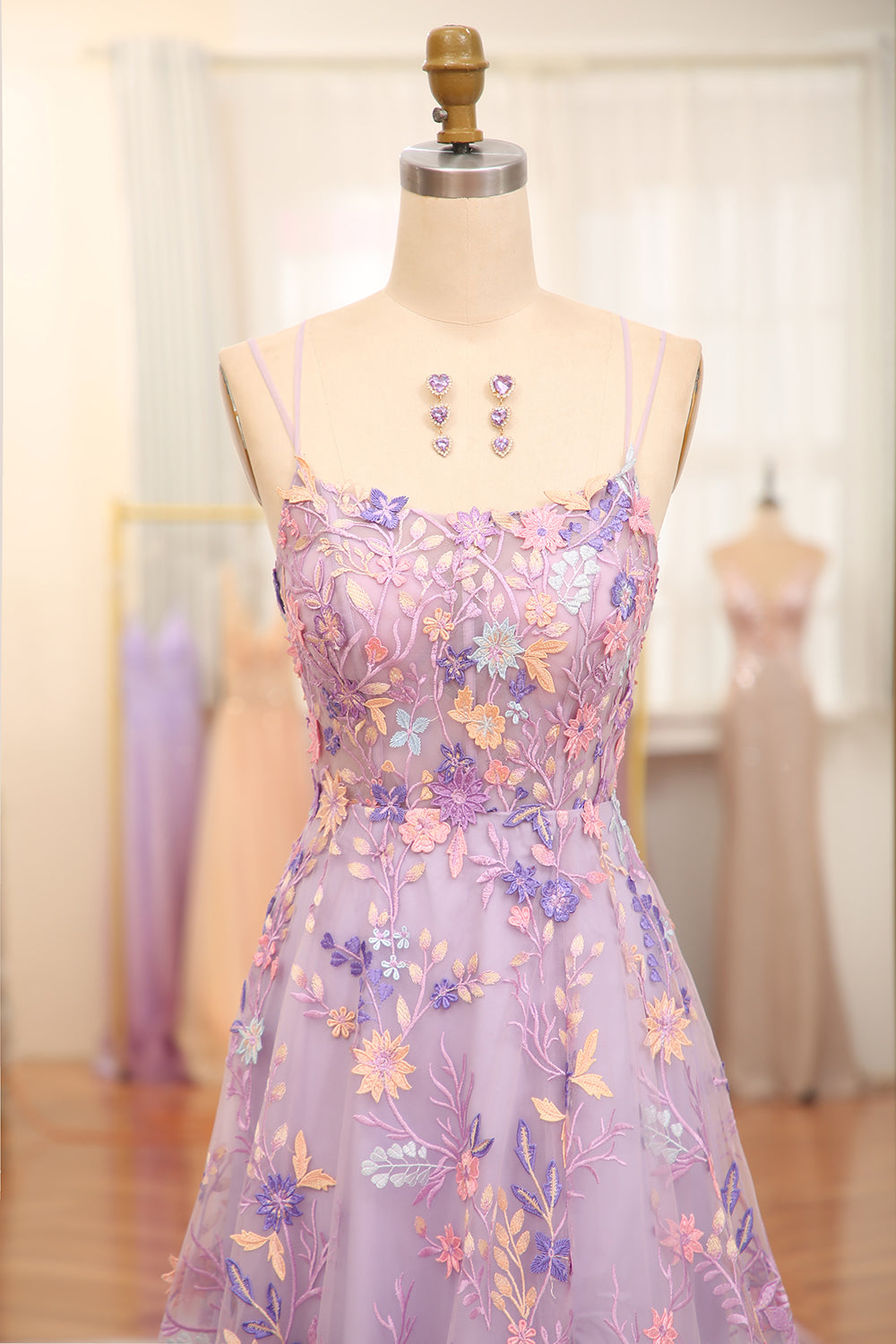 Mauve A Line Spaghetti Straps Front Slit Tulle Applique Long Prom Dress With Embroidery