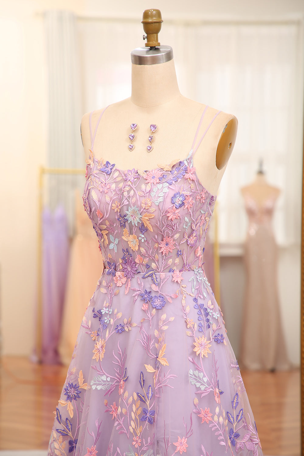 Mauve A Line Spaghetti Straps Front Slit Tulle Applique Long Prom Dress With Embroidery