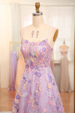 Mauve A Line Spaghetti Straps Front Slit Tulle Applique Long Prom Dress With Embroidery