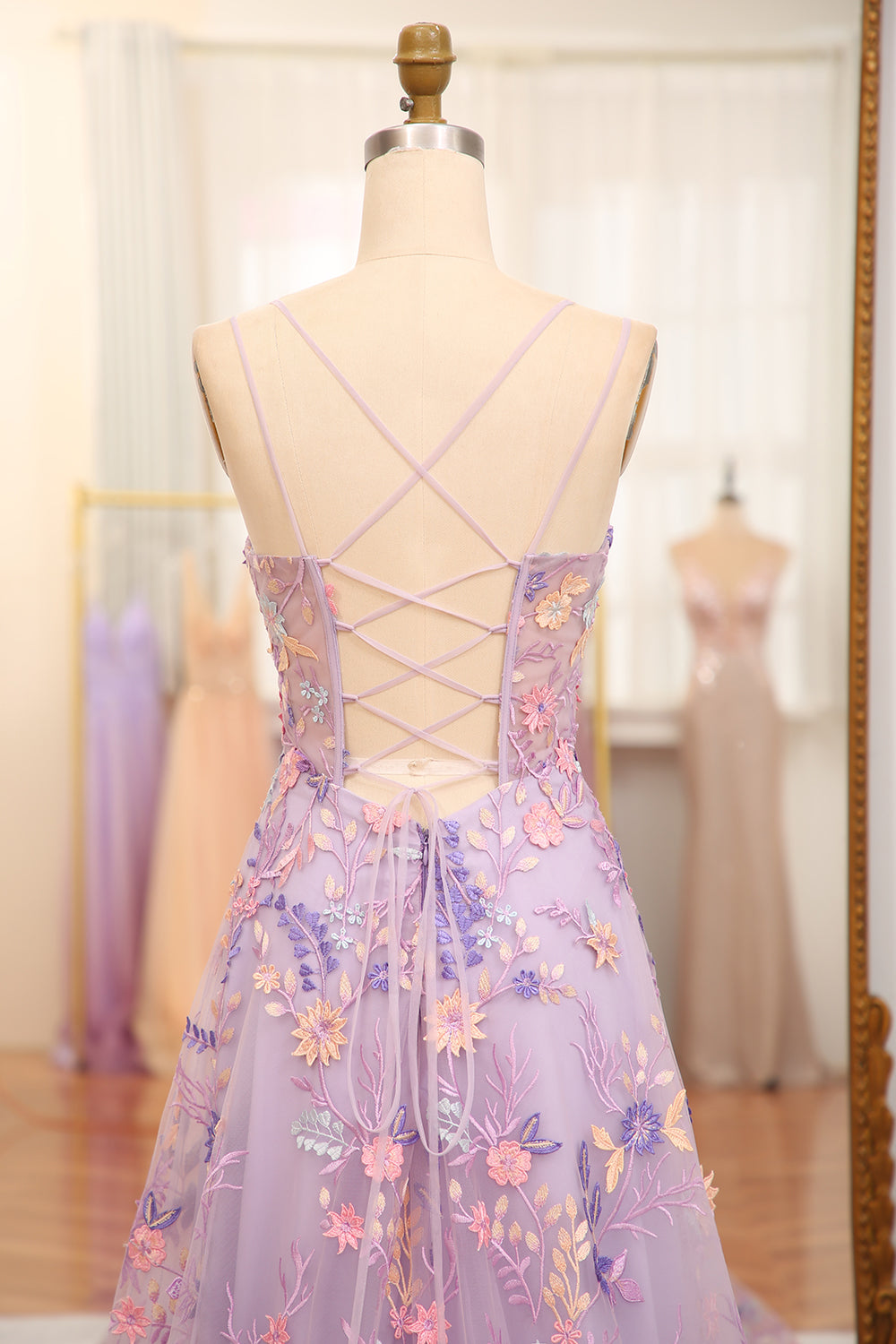 Mauve A Line Spaghetti Straps Front Slit Tulle Applique Long Prom Dress With Embroidery