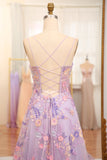 Mauve A Line Spaghetti Straps Front Slit Tulle Applique Long Prom Dress With Embroidery