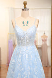 Sky Blue A Line Spaghetti Straps V Neck Tulle Long Corset Prom Dress With Appliques