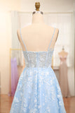 Sky Blue A Line Spaghetti Straps V Neck Tulle Long Corset Prom Dress With Appliques