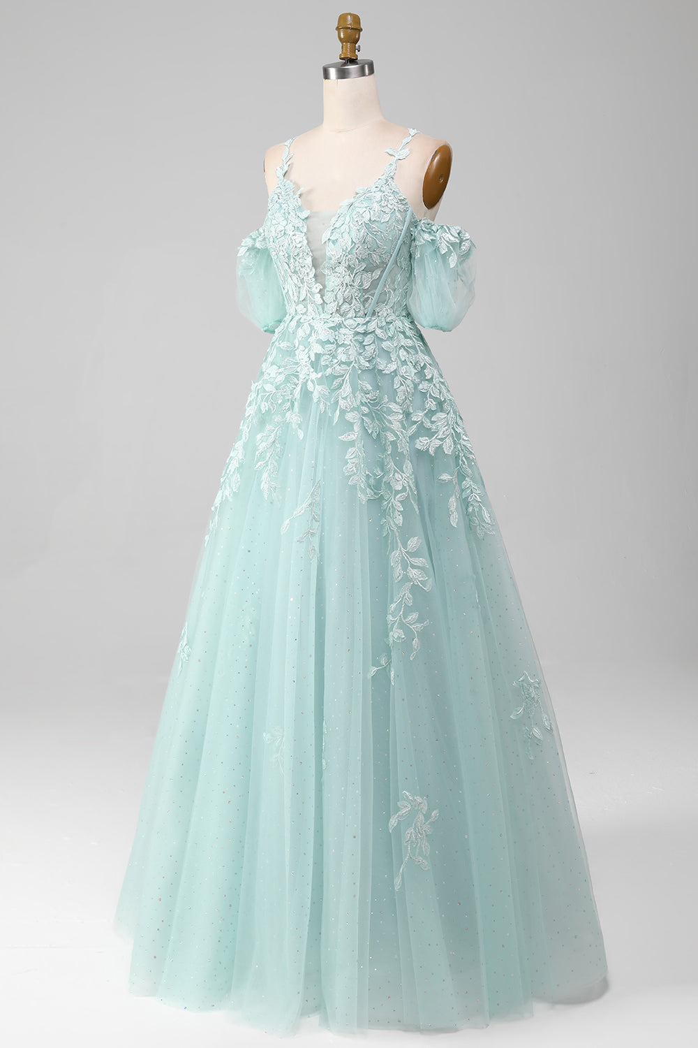 Ball-Gown Off The Shoulder Beaded Mint Prom Dresses With Appliques