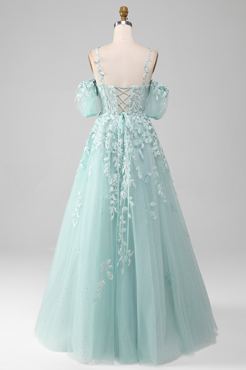 Ball-Gown Off The Shoulder Beaded Mint Prom Dresses With Appliques