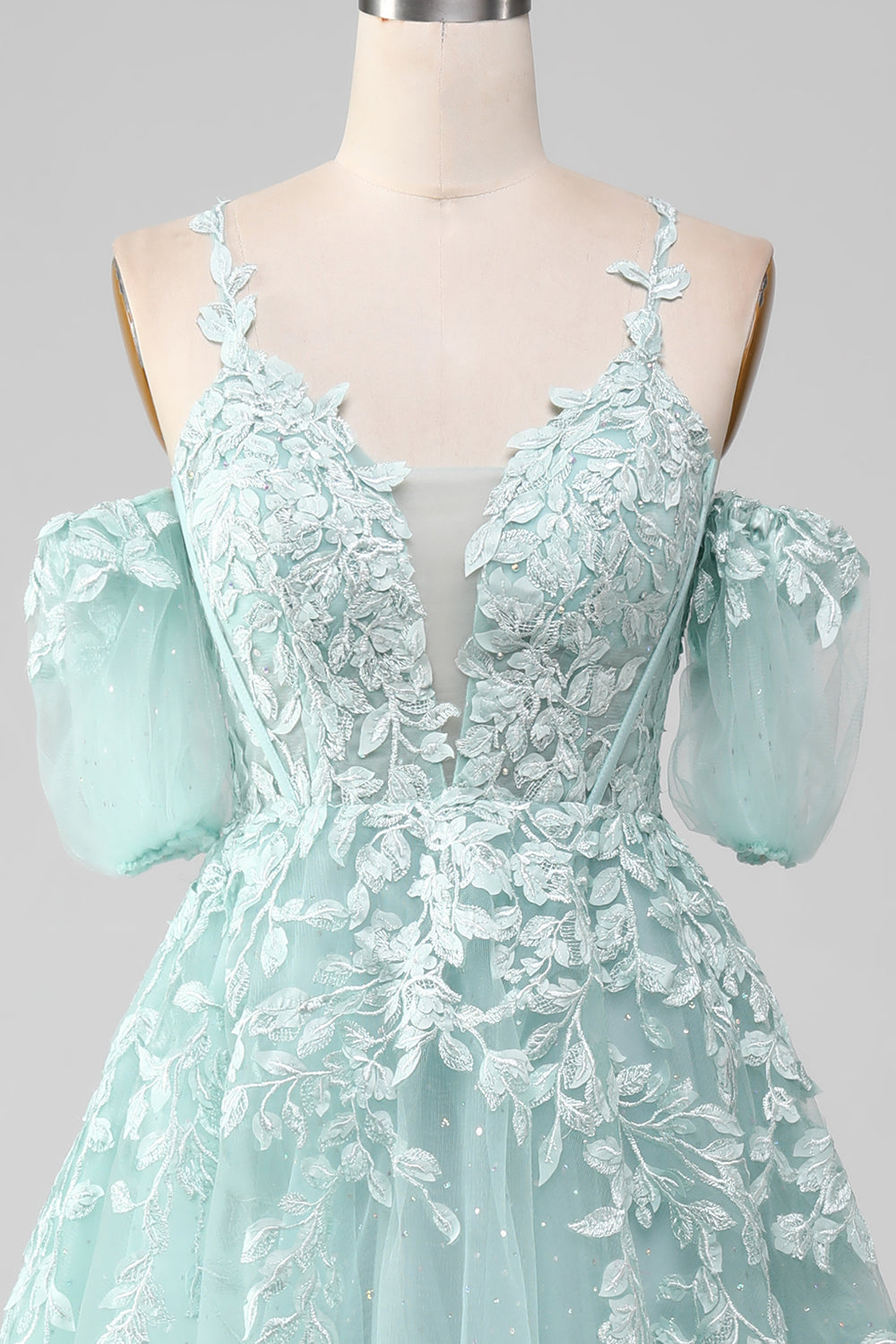 Ball-Gown Off The Shoulder Beaded Mint Prom Dresses With Appliques