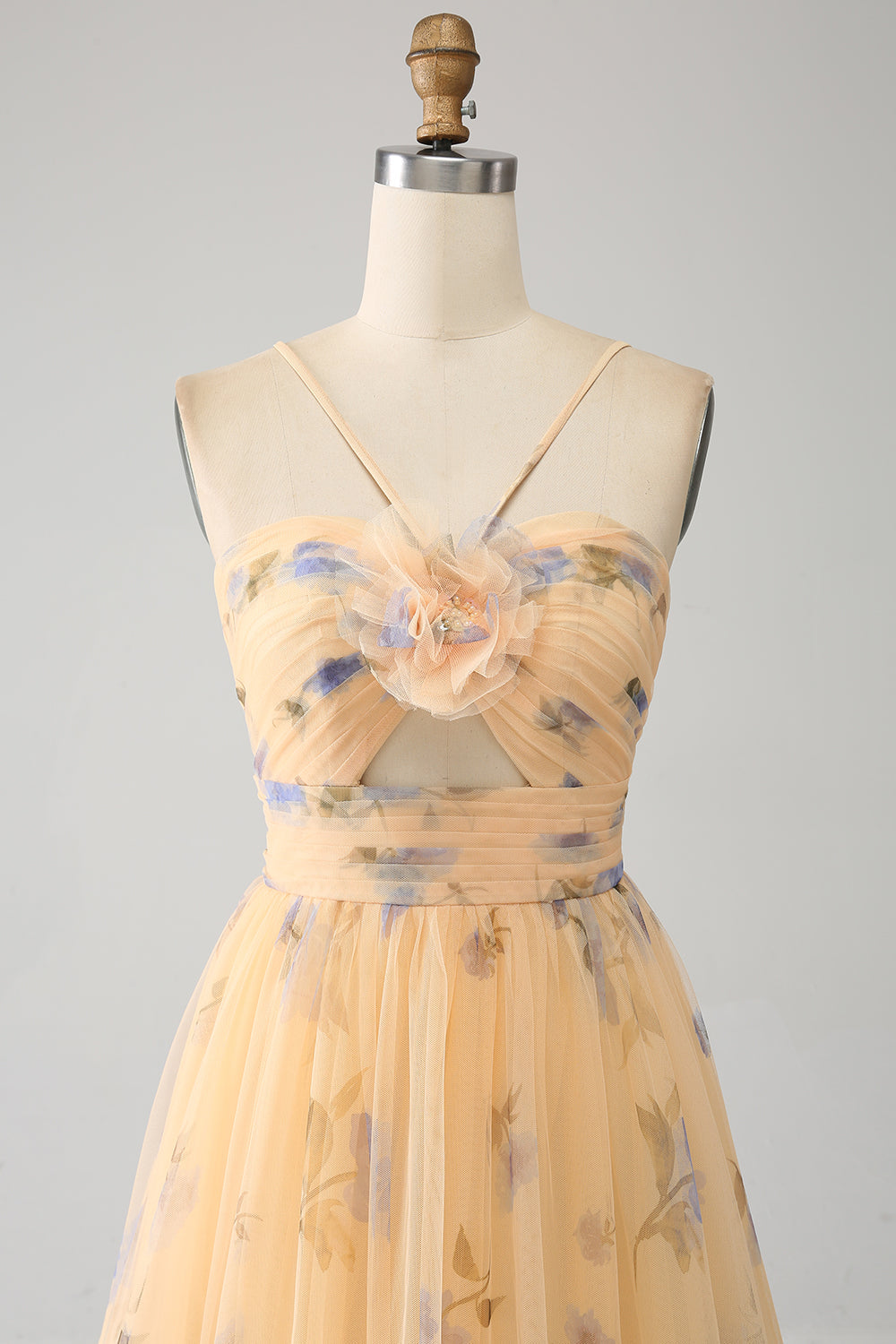 Yellow A-Line Halter Pleated Tulle Tiered Prom Dress With Embroidery