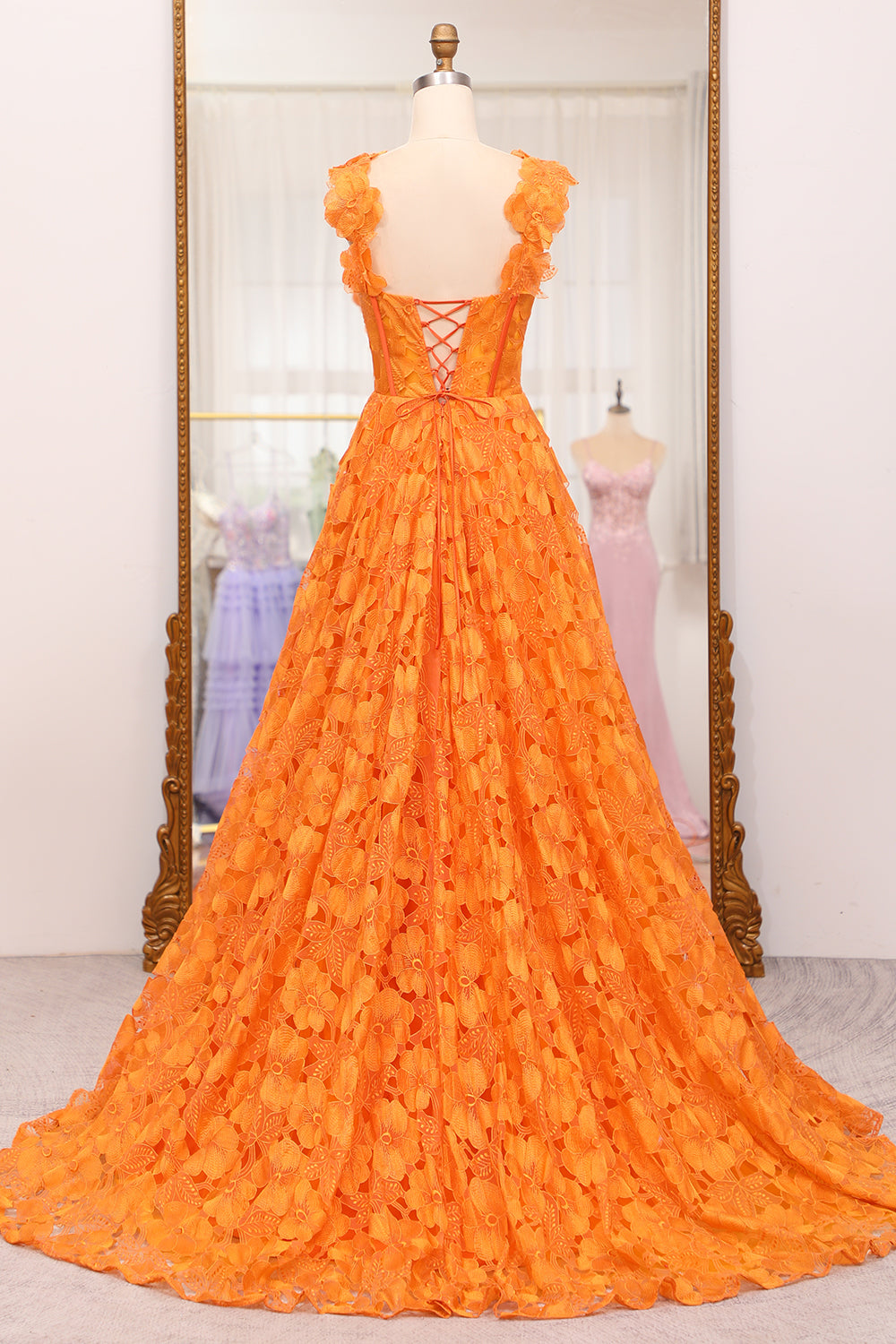 Orange A-Line Spaghetti Straps Applique Corset Long Prom Dress With Slit