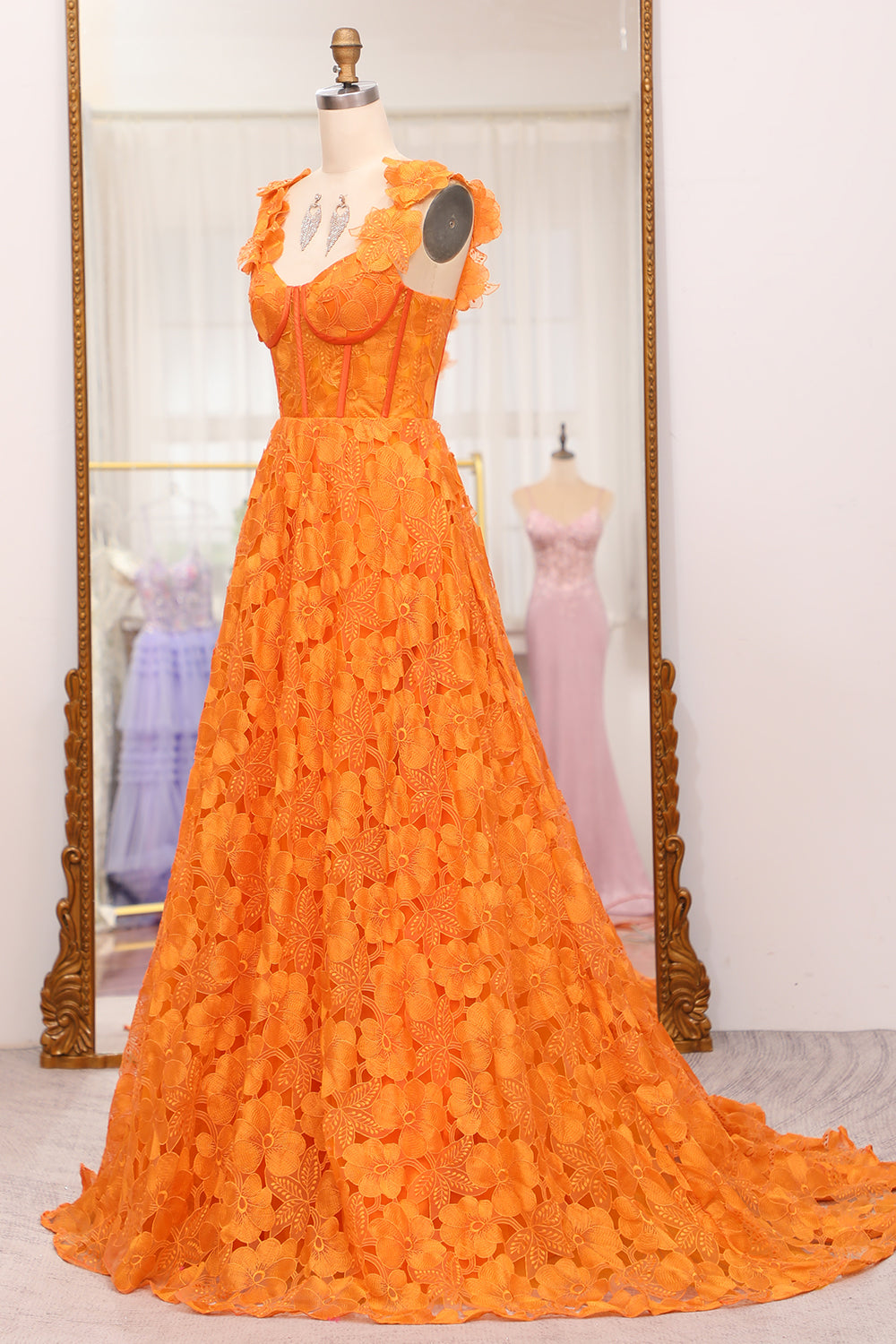 Orange A-Line Spaghetti Straps Applique Corset Long Prom Dress With Slit