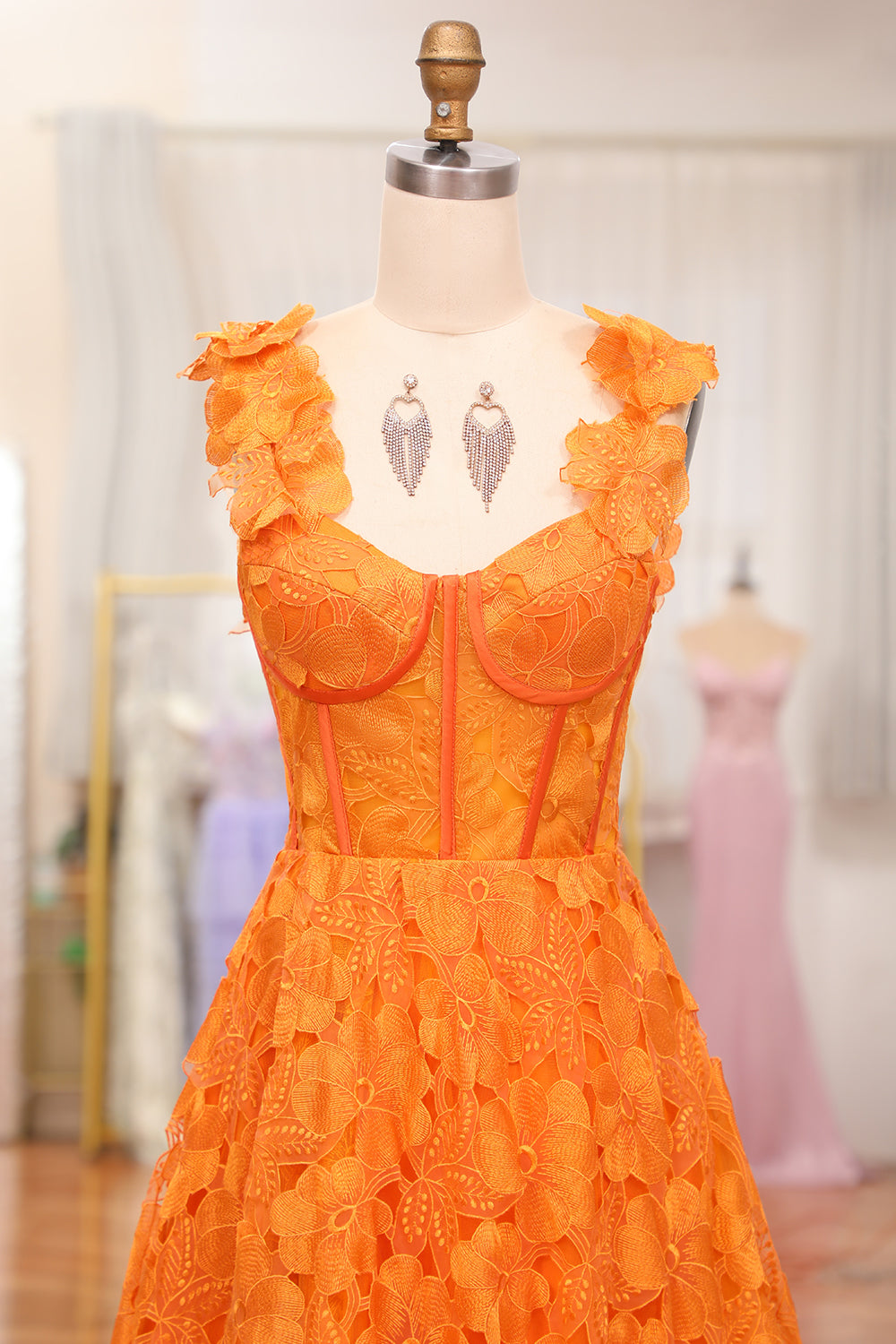 Orange A-Line Spaghetti Straps Applique Corset Long Prom Dress With Slit