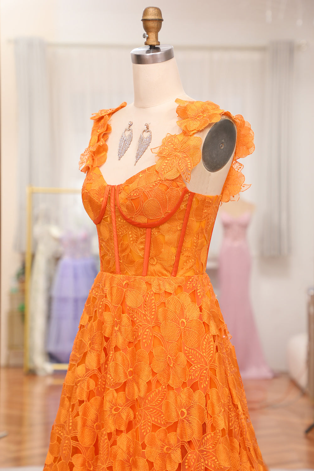 Orange A-Line Spaghetti Straps Applique Corset Long Prom Dress With Slit