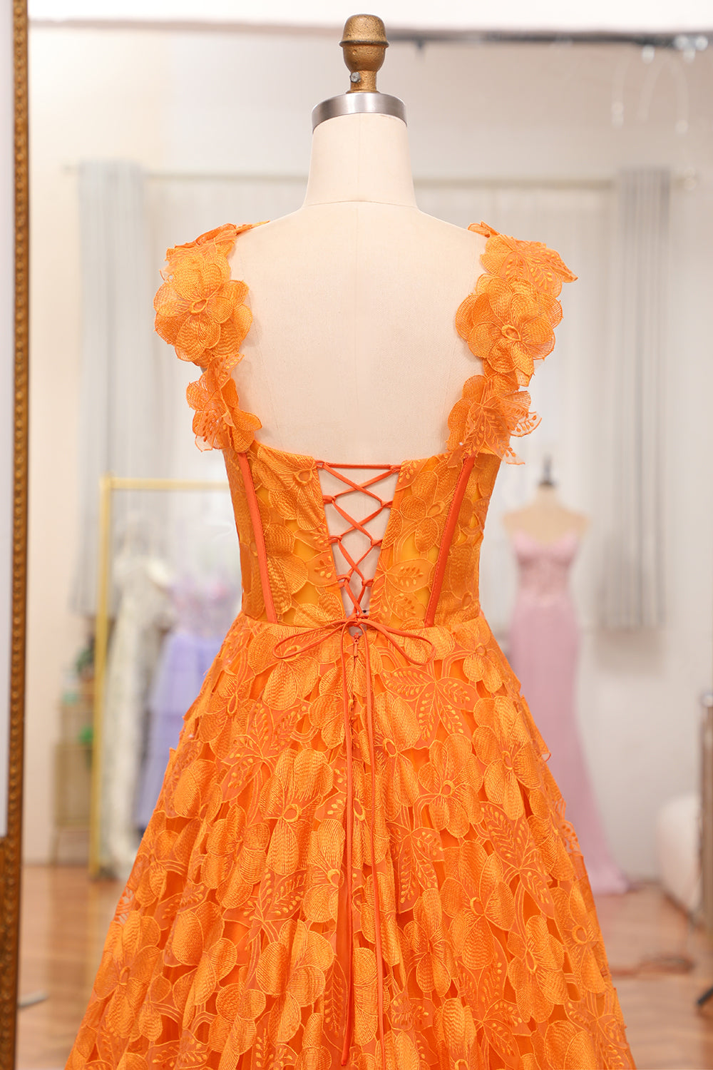 Orange A-Line Spaghetti Straps Applique Corset Long Prom Dress With Slit