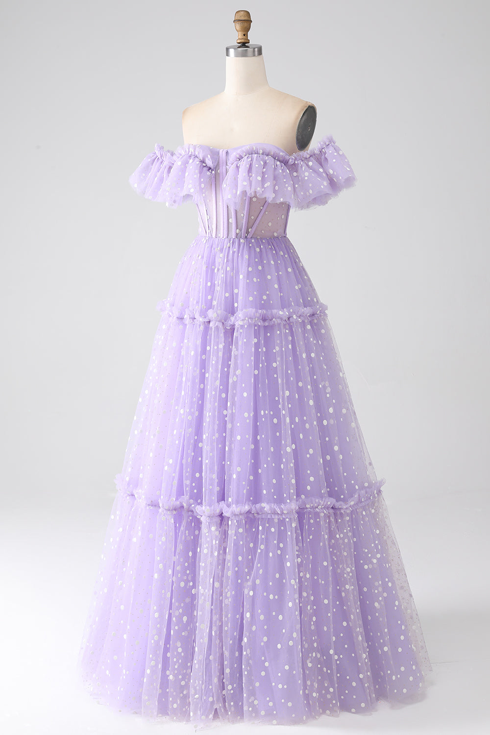 Lilac A-Line Off The Shoulder Tulle Polka Dot Prom Dress