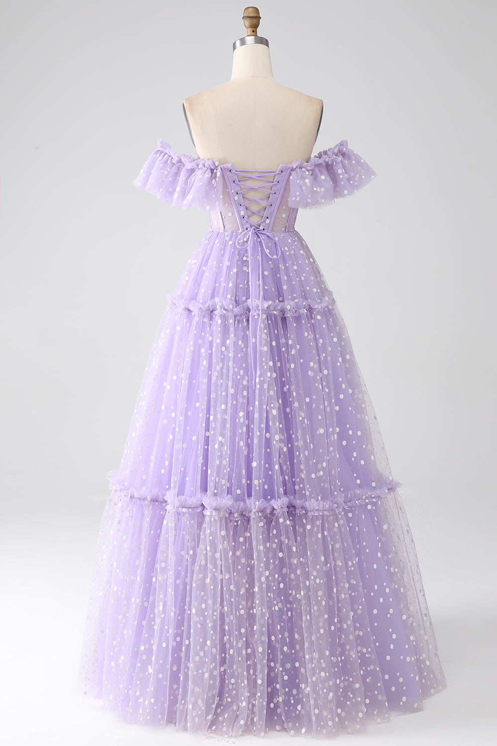 Lilac A-Line Off The Shoulder Tulle Polka Dot Prom Dress