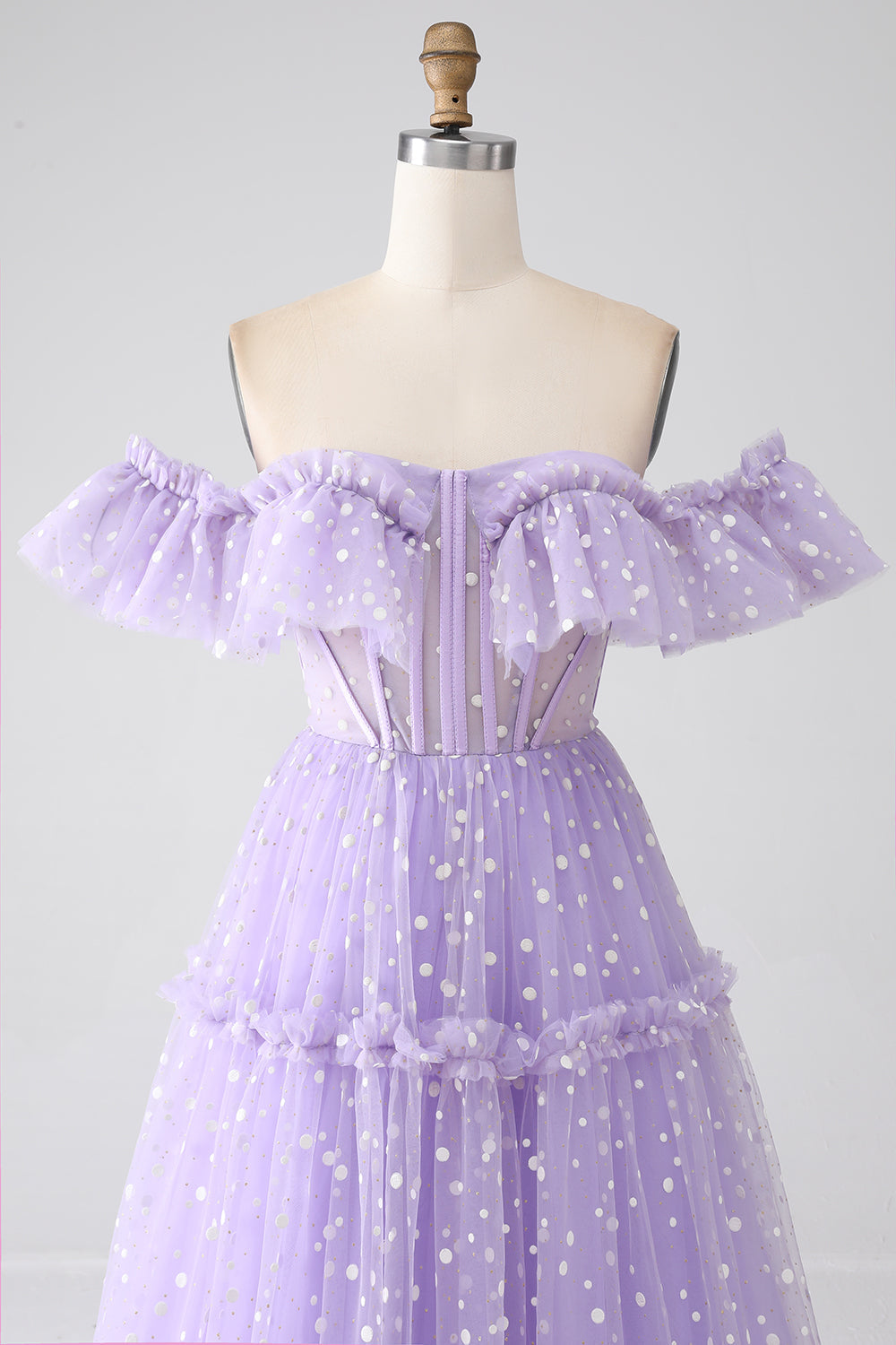 Lilac A-Line Off The Shoulder Tulle Polka Dot Prom Dress