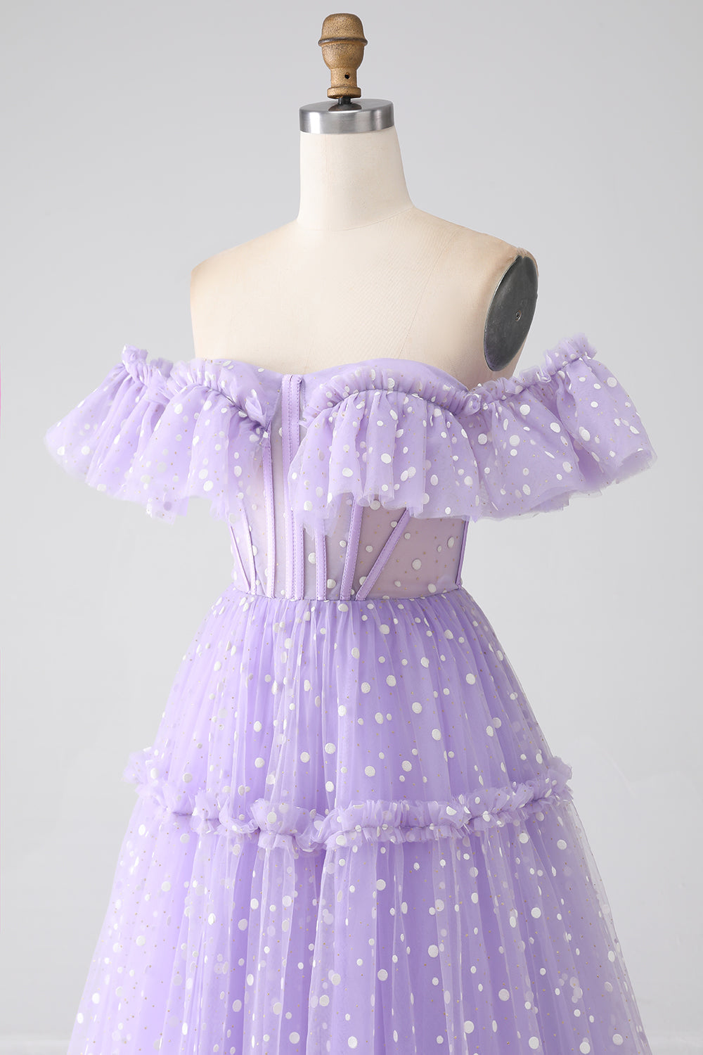 Lilac A-Line Off The Shoulder Tulle Polka Dot Prom Dress