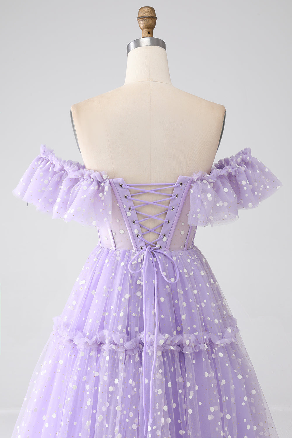 Lilac A-Line Off The Shoulder Tulle Polka Dot Prom Dress