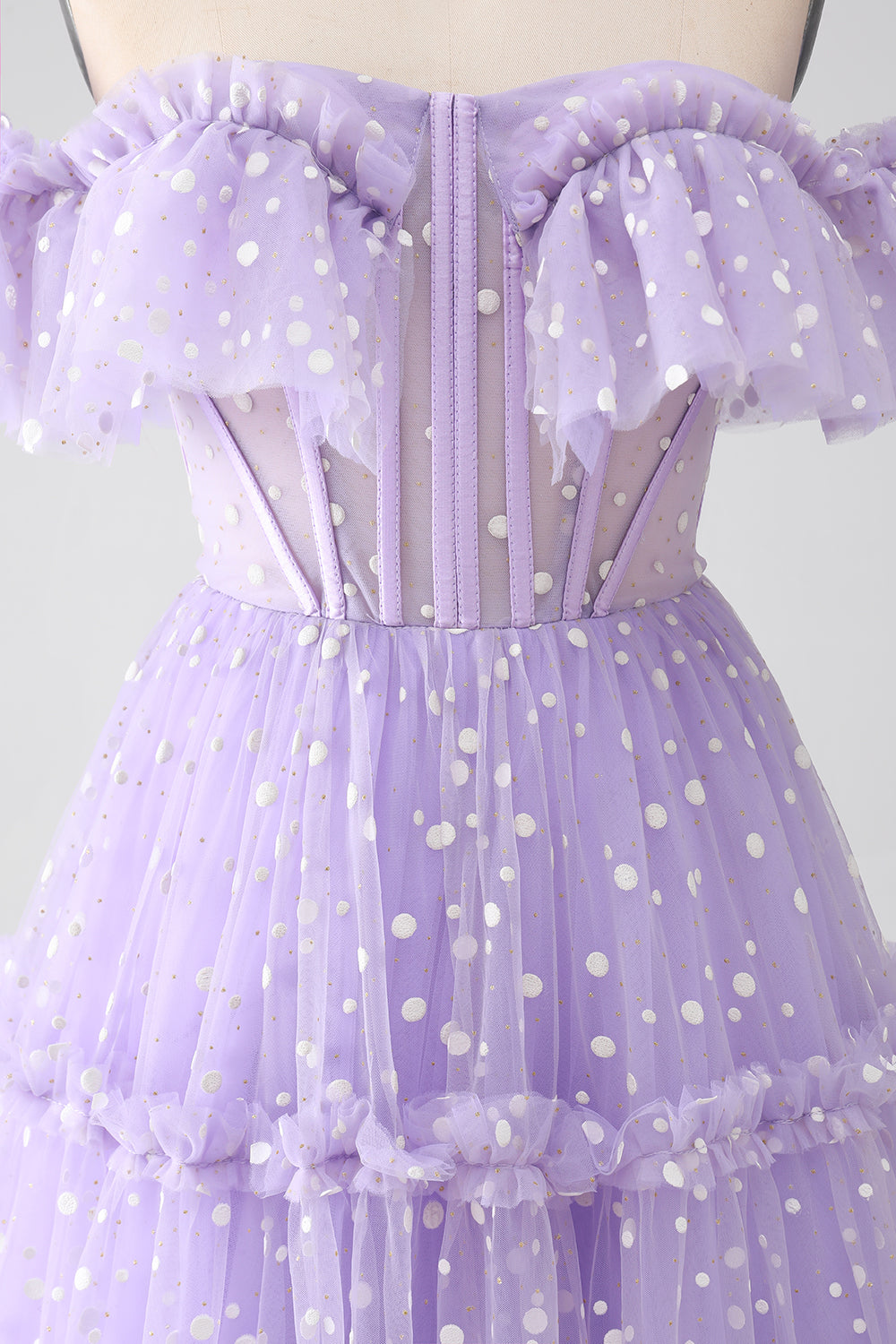 Lilac A-Line Off The Shoulder Tulle Polka Dot Prom Dress