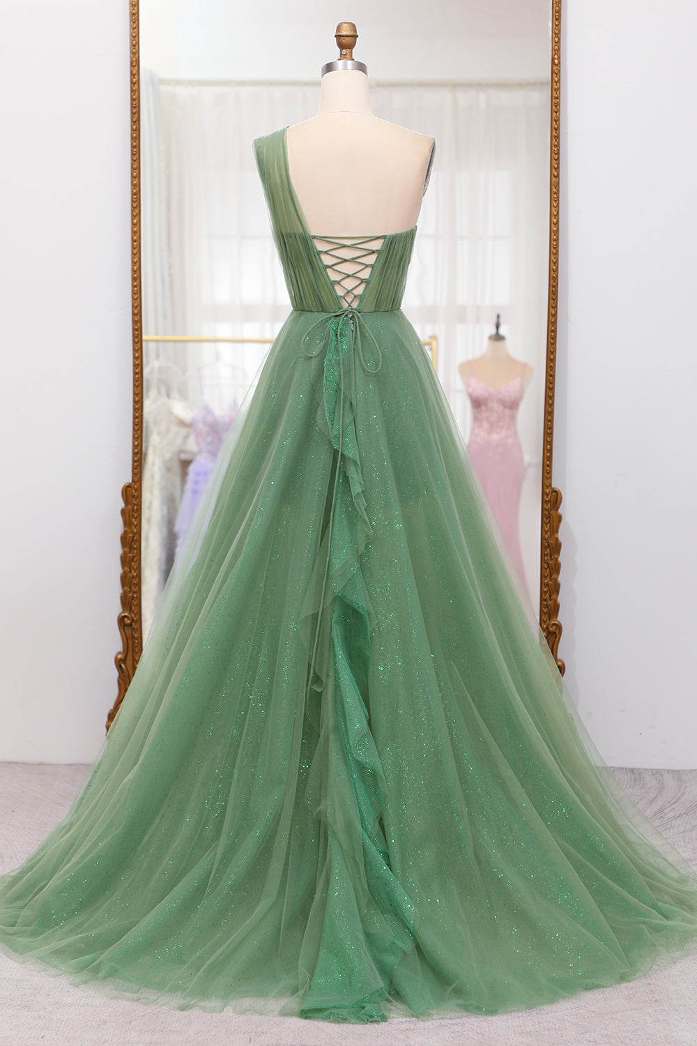 Sparkly Dark Green A-Line One Shoulder Long Tulle Prom Dress