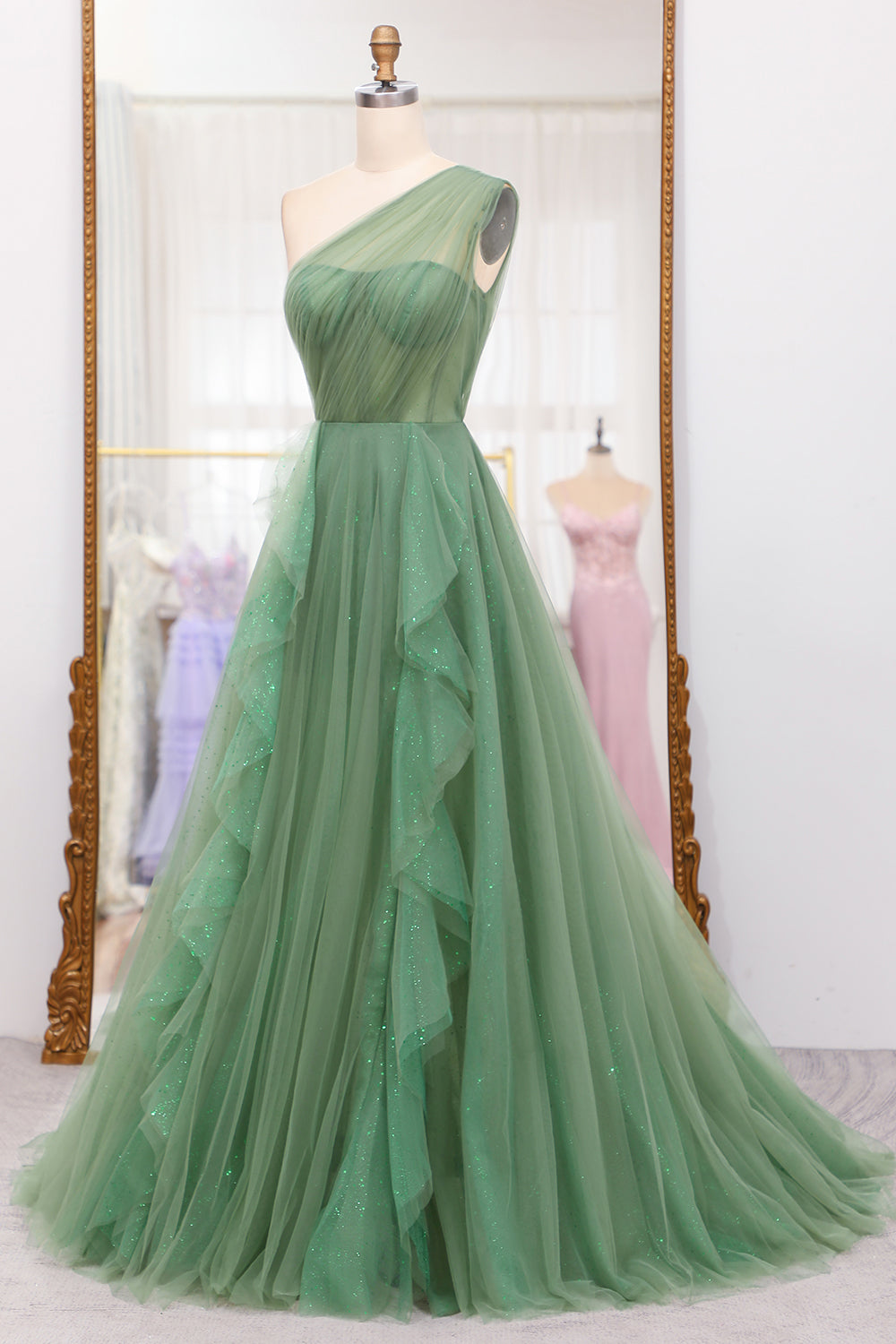 Sparkly Dark Green A-Line One Shoulder Long Tulle Prom Dress