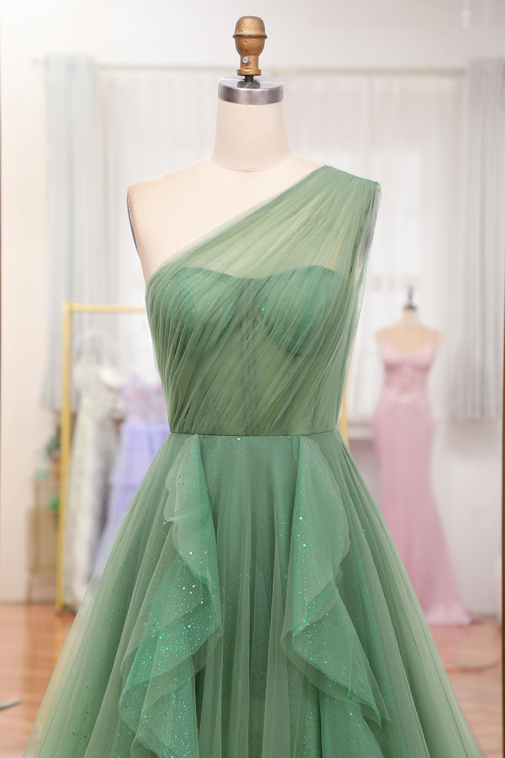 Sparkly Dark Green A-Line One Shoulder Long Tulle Prom Dress