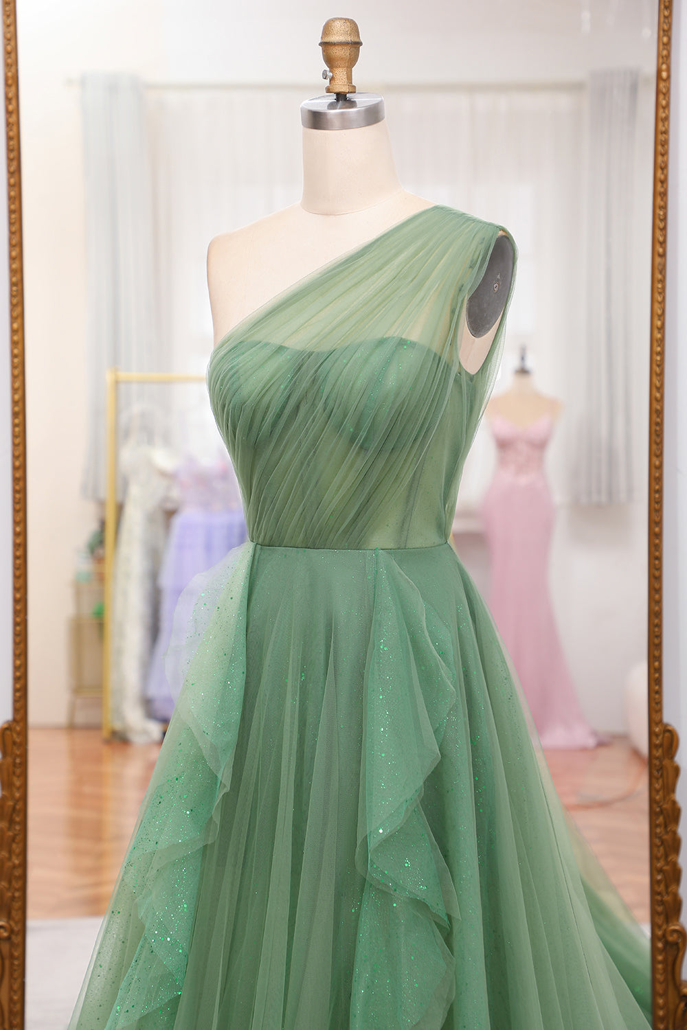 Sparkly Dark Green A-Line One Shoulder Long Tulle Prom Dress