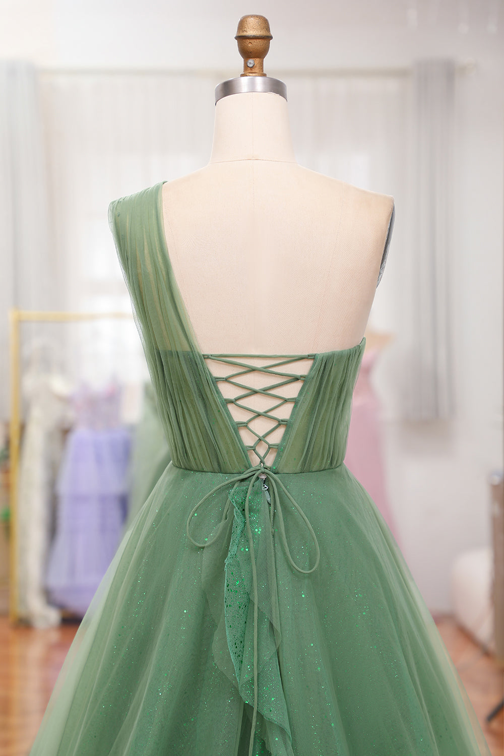 Sparkly Dark Green A-Line One Shoulder Long Tulle Prom Dress