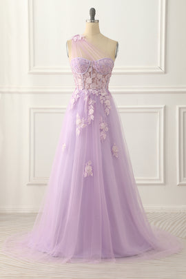 One Shoulder A-line Tulle Lavender Prom Dress with Appliques