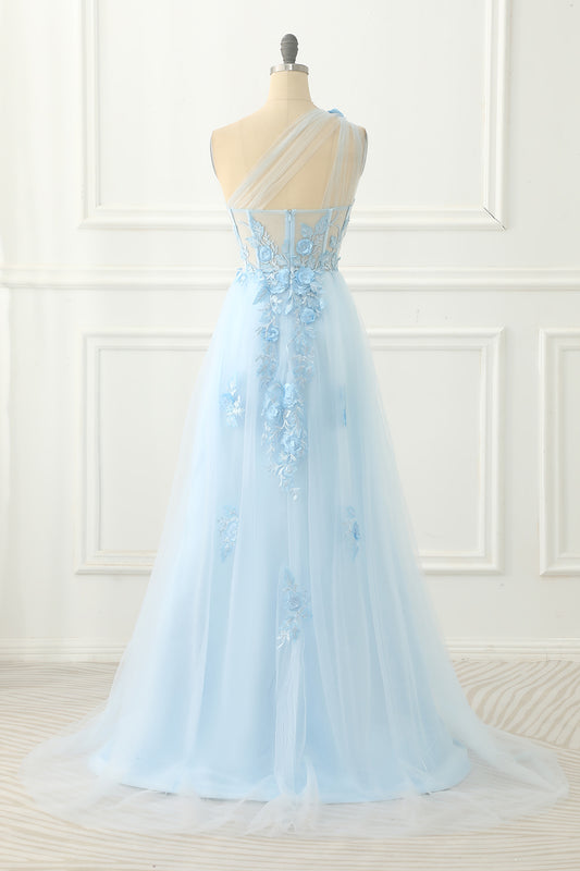 Sky Blue Tulle A-line One Shoulder Prom Dress with Appliques
