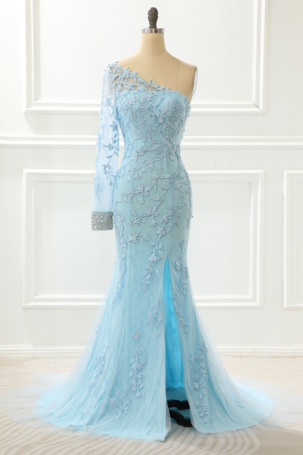 One Shoulder Sky Blue Mermaid Prom Dress With Appliques