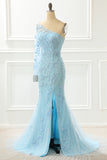 One Shoulder Sky Blue Mermaid Prom Dress With Appliques