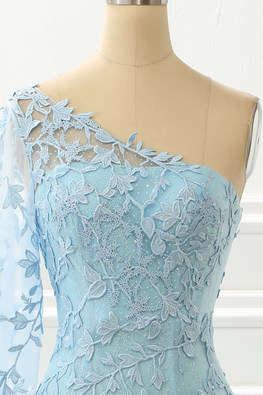 One Shoulder Sky Blue Mermaid Prom Dress With Appliques