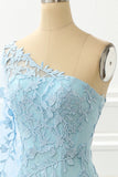 One Shoulder Sky Blue Mermaid Prom Dress With Appliques