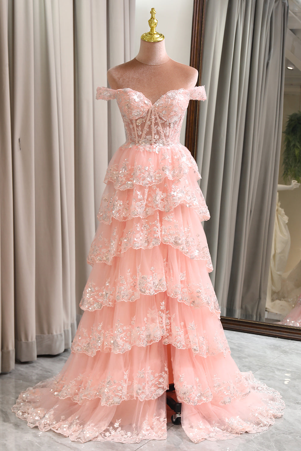 Princess A Line Off the Shoulder Long Corset Sparkly Blush Prom Dress with Slit