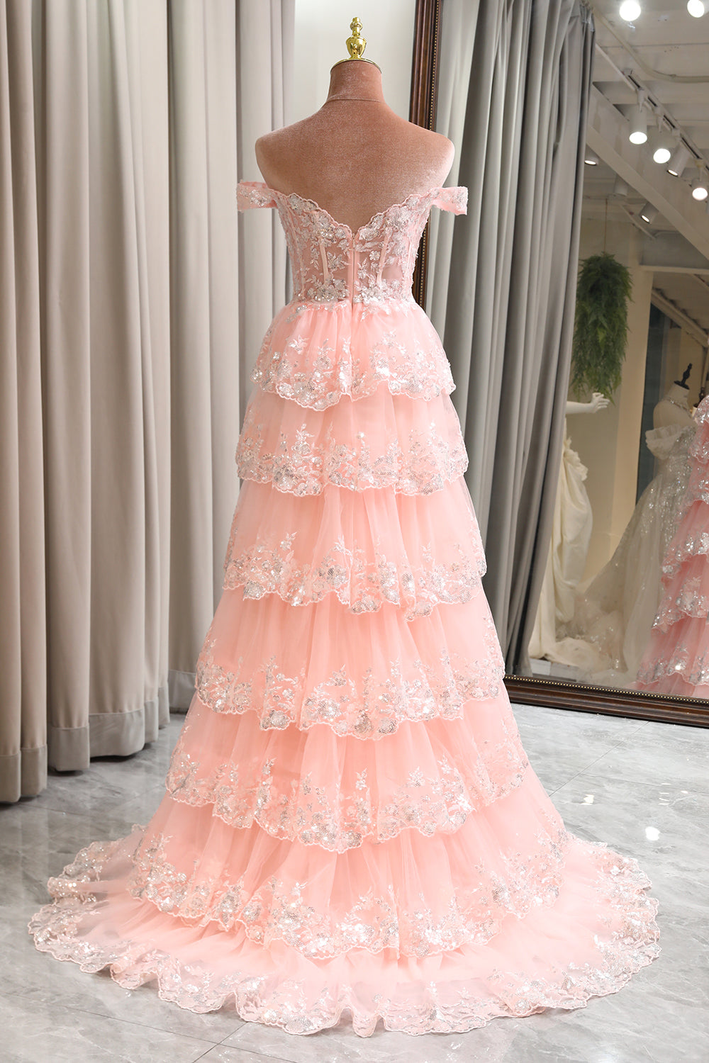 Princess A Line Off the Shoulder Long Corset Sparkly Blush Prom Dress with Slit