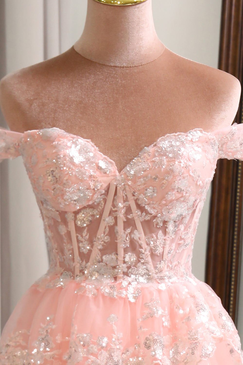 Princess A Line Off the Shoulder Long Corset Sparkly Blush Prom Dress with Slit