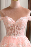 Princess A Line Off the Shoulder Long Corset Sparkly Blush Prom Dress with Slit