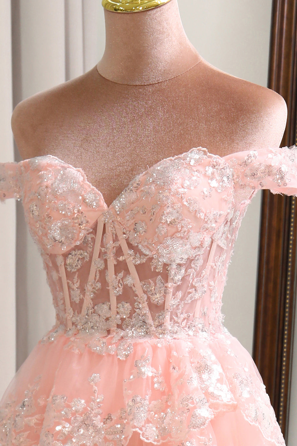 Princess A Line Off the Shoulder Long Corset Sparkly Blush Prom Dress with Slit