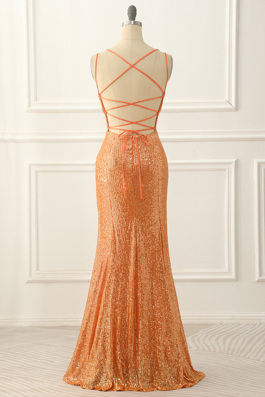 Orange Lace-up Back Sequins Prom Dress