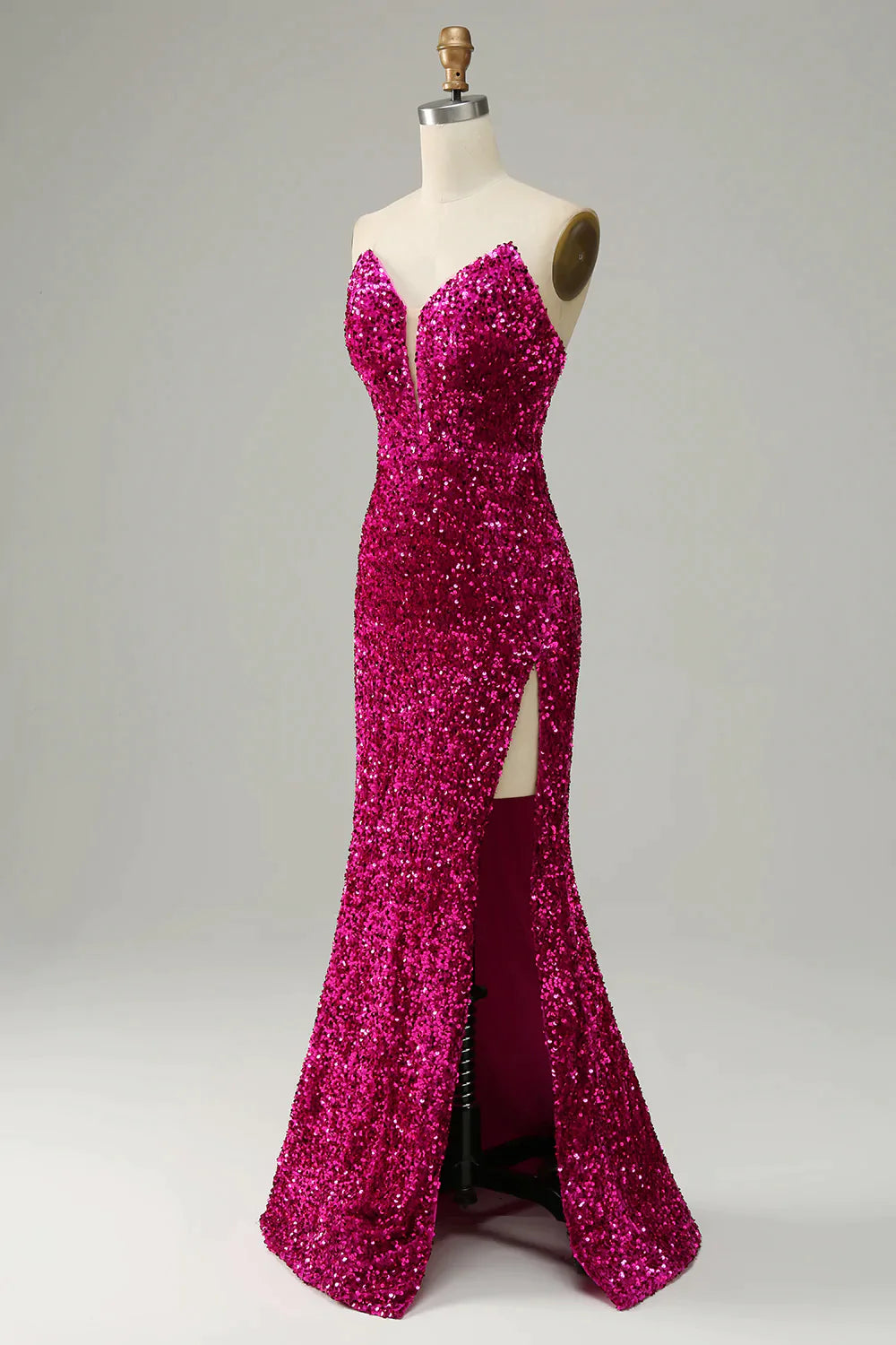 Fuchsia Strapless Sequins Prom Dress with Slit