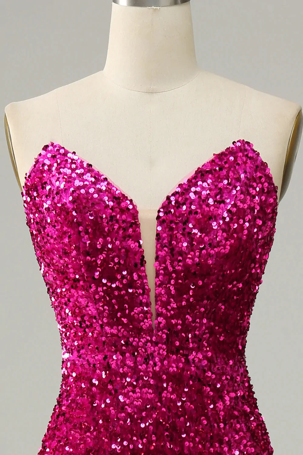 Fuchsia Strapless Sequins Prom Dress with Slit